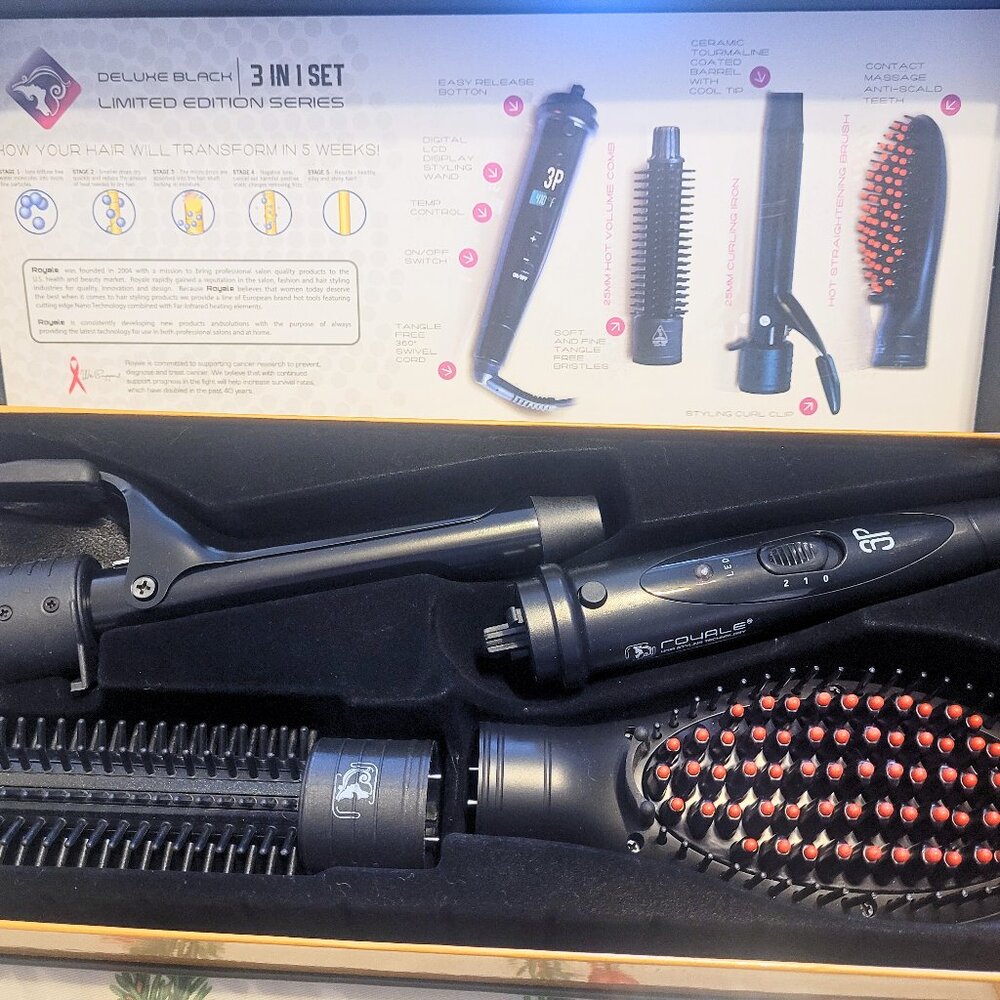 Royale USA Deluxe 3-in-1 Heated Styling Brush, Comb, & Curler Set (Black)